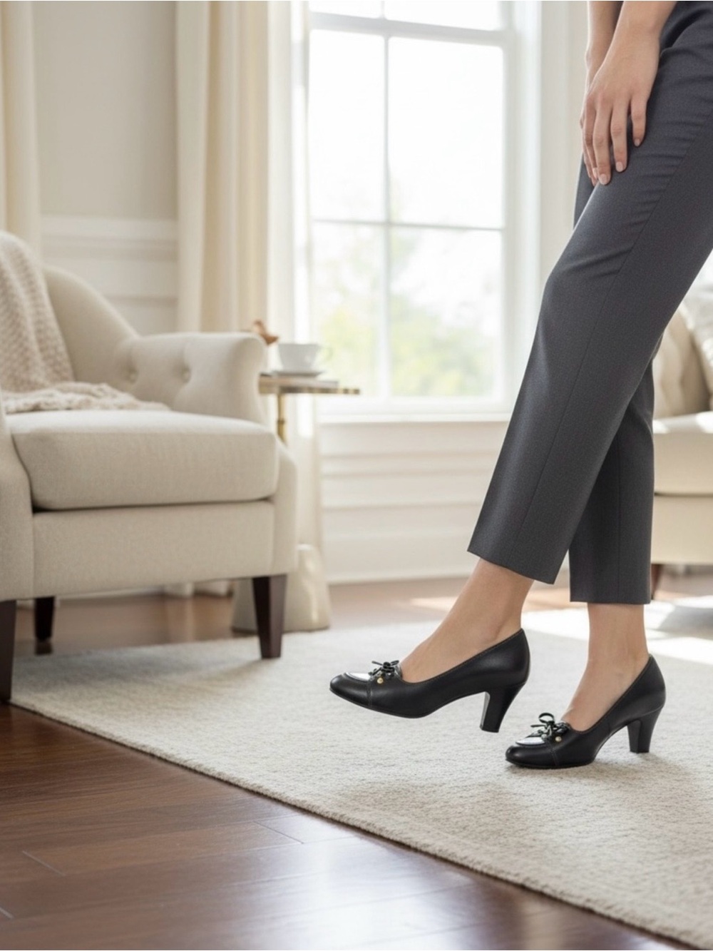 Black Leather Mid-Heel Loafers with Gold Studs